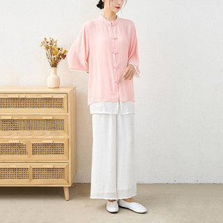 Buddha Gift 2Pcs Simple Chinese Frog Button Design Top Pants Meditation Yoga Zen Tai Chi Cotton Clothing Women's Set