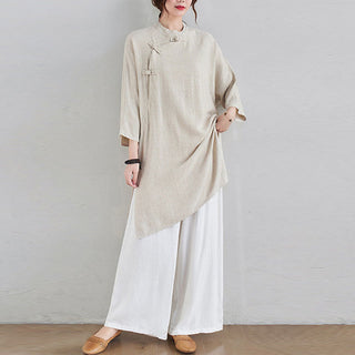 Buddha Gift 2Pcs Plain Design Zen Tai Chi Meditation Clothing Cotton Linen Top Pants Women's Set