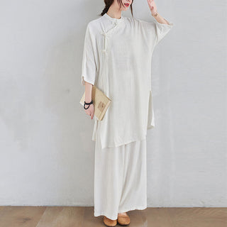 Buddha Gift 2Pcs Plain Design Zen Tai Chi Meditation Clothing Cotton Linen Top Pants Women's Set
