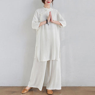 Buddha Gift 2Pcs Plain Design Zen Tai Chi Meditation Clothing Cotton Linen Top Pants Women's Set