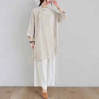 Buddha Gift 2Pcs Plain Design Zen Tai Chi Meditation Clothing Cotton Linen Top Pants Women's Set