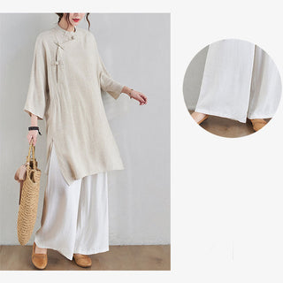 Buddha Gift 2Pcs Plain Design Zen Tai Chi Meditation Clothing Cotton Linen Top Pants Women's Set