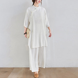 Buddha Gift 2Pcs Plain Design Zen Tai Chi Meditation Clothing Cotton Linen Top Pants Women's Set