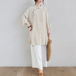 Buddha Gift 2Pcs Plain Design Zen Tai Chi Meditation Clothing Cotton Linen Top Pants Women's Set