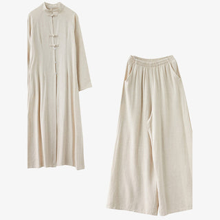 Buddha Gift 2Pcs Chinese Frog Button Design Zen Tai Chi Meditation Clothing Cotton Linen Top Pants Women's Set