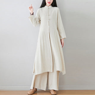 Buddha Gift 2Pcs Chinese Frog Button Design Zen Tai Chi Meditation Clothing Cotton Linen Top Pants Women's Set