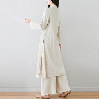 Buddha Gift 2Pcs Chinese Frog Button Design Zen Tai Chi Meditation Clothing Cotton Linen Top Pants Women's Set