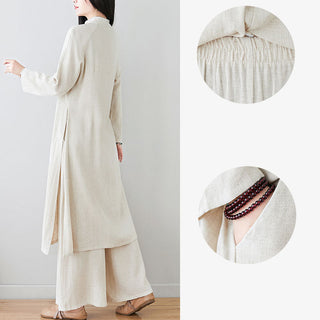 Buddha Gift 2Pcs Chinese Frog Button Design Zen Tai Chi Meditation Clothing Cotton Linen Top Pants Women's Set