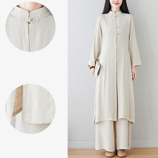 Buddha Gift 2Pcs Chinese Frog Button Design Zen Tai Chi Meditation Clothing Cotton Linen Top Pants Women's Set