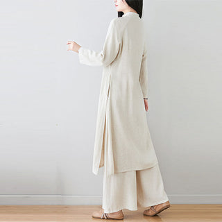 Buddha Gift 2Pcs Chinese Frog Button Design Zen Tai Chi Meditation Clothing Cotton Linen Top Pants Women's Set