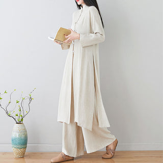 Buddha Gift 2Pcs Chinese Frog Button Design Zen Tai Chi Meditation Clothing Cotton Linen Top Pants Women's Set