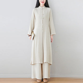 Buddha Gift 2Pcs Chinese Frog Button Design Zen Tai Chi Meditation Clothing Cotton Linen Top Pants Women's Set