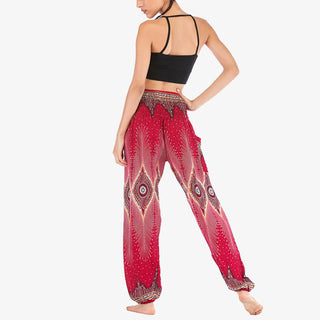 Buddha Gift Small Eye Peacock Feathers Pattern Loose Smocked Harem Trousers High Waist Women's Yoga Pants