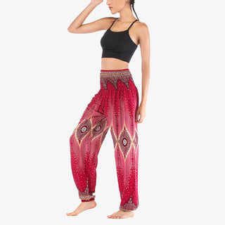 Buddha Gift Small Eye Peacock Feathers Pattern Loose Smocked Harem Trousers High Waist Women's Yoga Pants