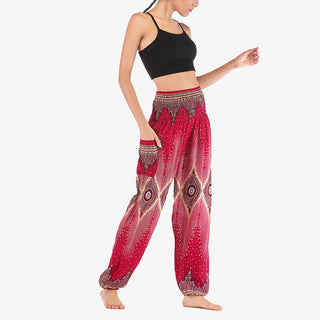 Buddha Gift Small Eye Peacock Feathers Pattern Loose Smocked Harem Trousers High Waist Women's Yoga Pants