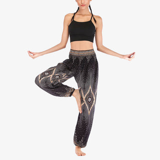 Buddha Gift Small Eye Peacock Feathers Pattern Loose Smocked Harem Trousers High Waist Women's Yoga Pants