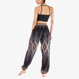 Buddha Gift Small Eye Peacock Feathers Pattern Loose Smocked Harem Trousers High Waist Women's Yoga Pants
