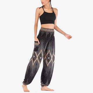 Buddha Gift Small Eye Peacock Feathers Pattern Loose Smocked Harem Trousers High Waist Women's Yoga Pants