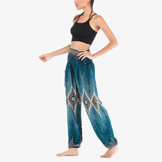 Buddha Gift Small Eye Peacock Feathers Pattern Loose Smocked Harem Trousers High Waist Women's Yoga Pants
