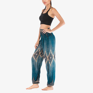 Buddha Gift Small Eye Peacock Feathers Pattern Loose Smocked Harem Trousers High Waist Women's Yoga Pants
