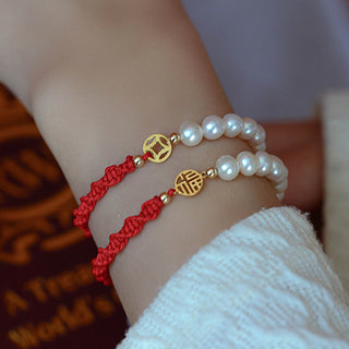 Buddha Gift 14K Gold Plated Pearl Bead Luck Protection Braid Red String Bracelet