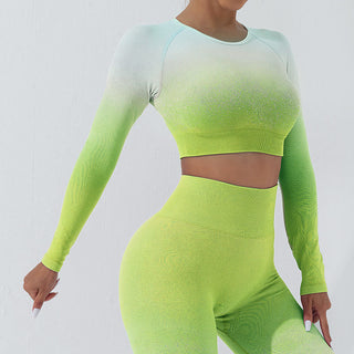 Buddha Gift Gradient Long Sleeve Crop Top Tee Bra Leggings Pants Fitness Yoga Outfit
