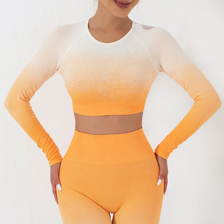 Buddha Gift Gradient Long Sleeve Crop Top Tee Bra Leggings Pants Fitness Yoga Outfit