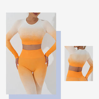 Buddha Gift Gradient Long Sleeve Crop Top Tee Bra Leggings Pants Fitness Yoga Outfit