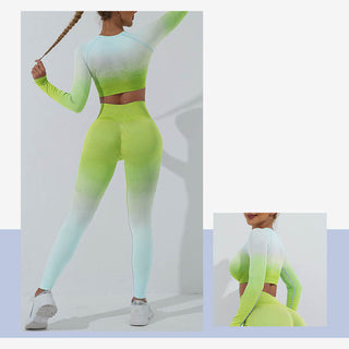Buddha Gift Gradient Long Sleeve Crop Top Tee Bra Leggings Pants Fitness Yoga Outfit