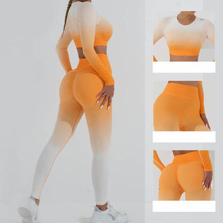 Buddha Gift Gradient Long Sleeve Crop Top Tee Bra Leggings Pants Fitness Yoga Outfit