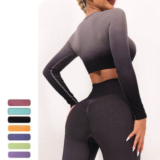 Buddha Gift Gradient Long Sleeve Crop Top Tee Bra Leggings Pants Fitness Yoga Outfit