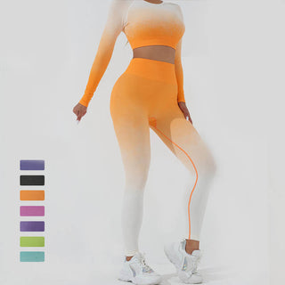 Buddha Gift Gradient Long Sleeve Crop Top Tee Bra Leggings Pants Fitness Yoga Outfit