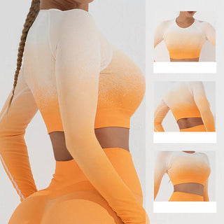 Buddha Gift Gradient Long Sleeve Crop Top Tee Bra Leggings Pants Fitness Yoga Outfit