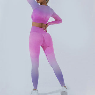 Buddha Gift Gradient Long Sleeve Crop Top Tee Bra Leggings Pants Fitness Yoga Outfit