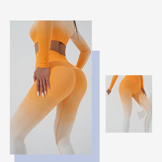 Buddha Gift Gradient Long Sleeve Crop Top Tee Bra Leggings Pants Fitness Yoga Outfit