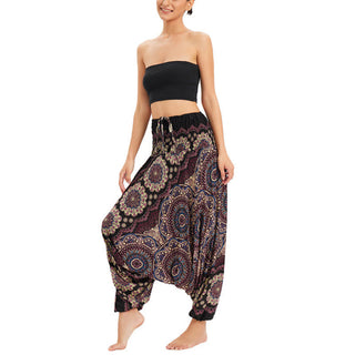 Buddha Gift Two Style Wear Mandala Flower Pattern Loose Smocked Harem Trousers Jumpsuit High Waist Pants
