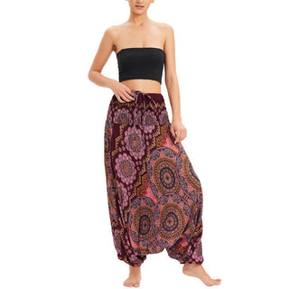 Buddha Gift Two Style Wear Mandala Flower Pattern Loose Smocked Harem Trousers Jumpsuit High Waist Pants