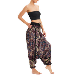 Buddha Gift Two Style Wear Mandala Flower Pattern Loose Smocked Harem Trousers Jumpsuit High Waist Pants