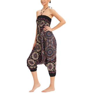 Buddha Gift Two Style Wear Mandala Flower Pattern Loose Smocked Harem Trousers Jumpsuit High Waist Pants