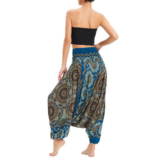 Buddha Gift Two Style Wear Mandala Flower Pattern Loose Smocked Harem Trousers Jumpsuit High Waist Pants