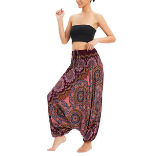 Buddha Gift Two Style Wear Mandala Flower Pattern Loose Smocked Harem Trousers Jumpsuit High Waist Pants