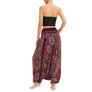 Buddha Gift Two Style Wear Mandala Flower Pattern Loose Smocked Harem Trousers Jumpsuit High Waist Pants