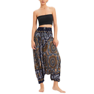 Buddha Gift Two Style Wear Mandala Flower Pattern Loose Smocked Harem Trousers Jumpsuit High Waist Pants