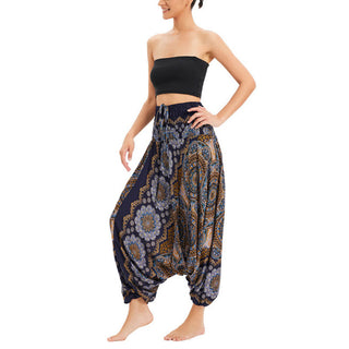 Buddha Gift Two Style Wear Mandala Flower Pattern Loose Smocked Harem Trousers Jumpsuit High Waist Pants