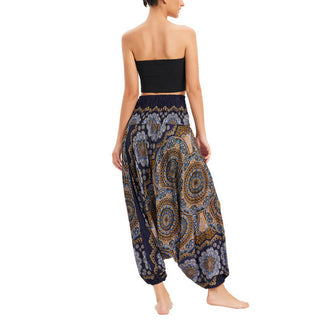 Buddha Gift Two Style Wear Mandala Flower Pattern Loose Smocked Harem Trousers Jumpsuit High Waist Pants