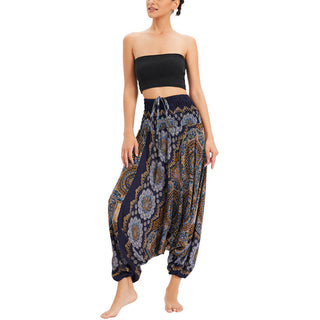 Buddha Gift Two Style Wear Mandala Flower Pattern Loose Smocked Harem Trousers Jumpsuit High Waist Pants