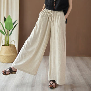 Buddha Gift Loose Cotton Linen Drawstring Wide Leg Pants With Pockets