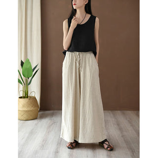 Buddha Gift Loose Cotton Linen Drawstring Wide Leg Pants With Pockets