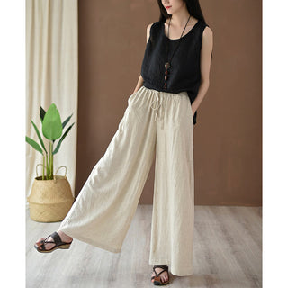 Buddha Gift Loose Cotton Linen Drawstring Wide Leg Pants With Pockets