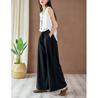 Buddha Gift Loose Cotton Linen Drawstring Wide Leg Pants With Pockets